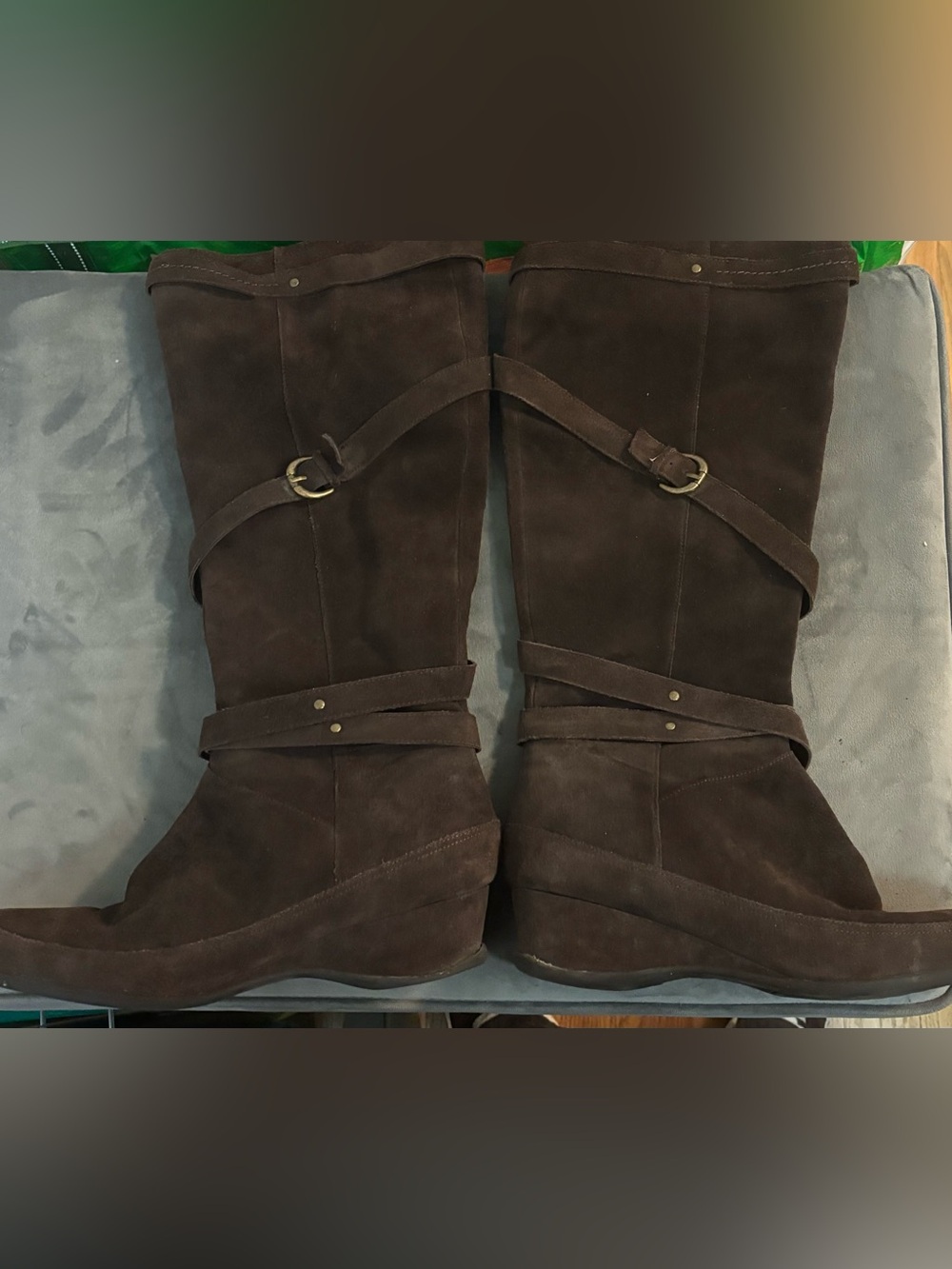 Women's Dark Brown Suede Wedge Boots - Classic Strapped Design